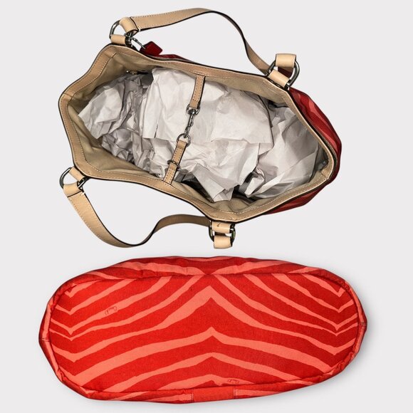 Coach Devin Shoulder Bag F24022 Orange Animal Print Canvas Tan Leather Tote - Picture 5 of 7